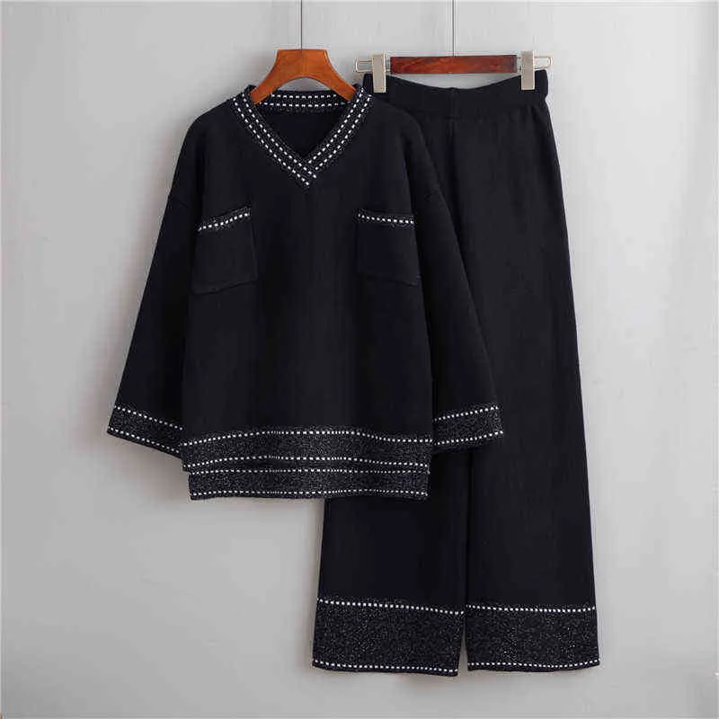 Сказочная женское досуг широкоподжелые брюки костюм зимний западный стиль модный свитер свободный веб-знаменитость двухсектура Outfit 211221