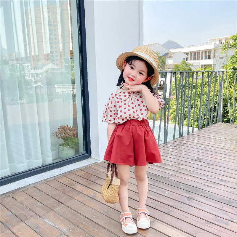 Korean Style Summer Kids Girls 2-pcs Sets Dot Peter Pan Collar Shirts+ Red Skirts Cute Children Clothes E3032 210610