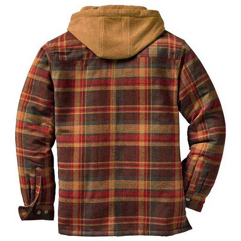 Veste à la mode pour hommes automne hiver chaud épais à manches longues en coton chemise à carreaux manteau lâche à capuche bombardier 211126