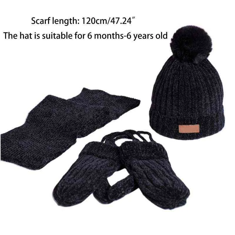 Enfants 3 pièces hiver chaud bonnet chapeau longue écharpe gants ensemble Chenille velours tricot peluche doublé couleur unie pompon crâne casquette