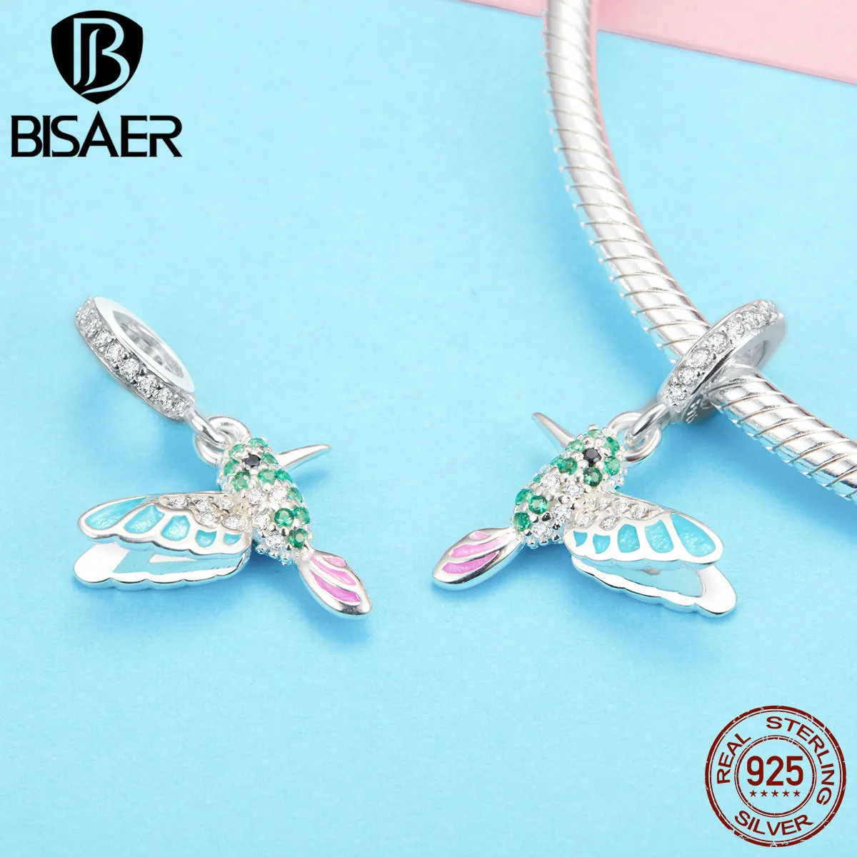 BISAER 925 Sterling Silver Hummingbird Bird Color CZ Charms Animal Beads fit Bracelet Beads for Silver 925 Jewelry Making ECC991 Q311v