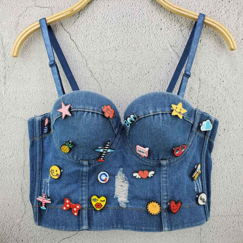 Nya mode damer Camis Runway Jeans Crop Top Luxury Blue Sexy Hot Celebrity Party Club Vest 210225