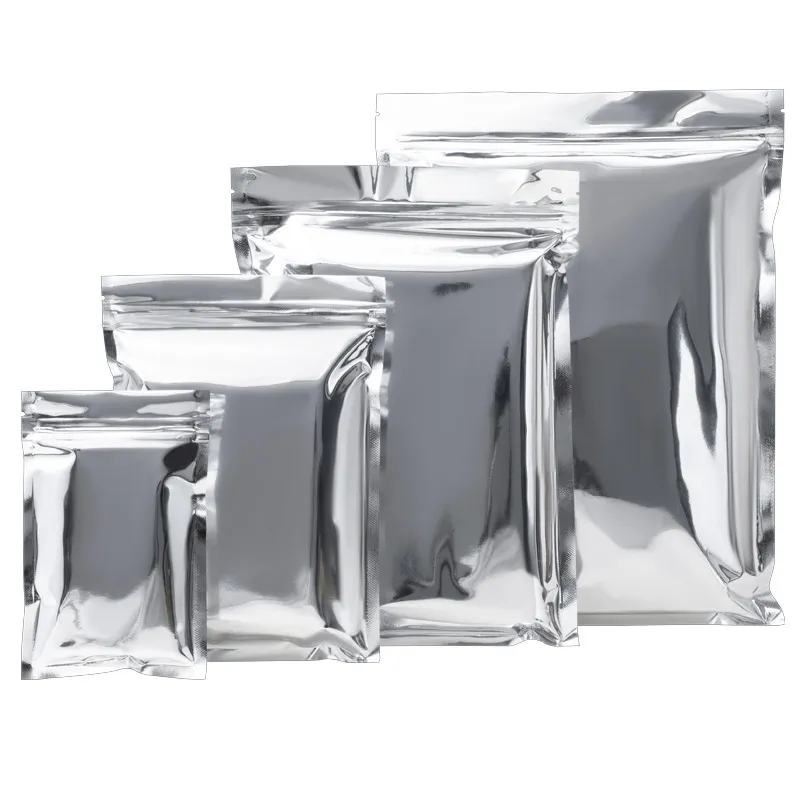 Glossy Silver Aluminum Foil Mylar Zipper Lock Bag Flat Resealable Packaging Pouch with Zipper for Food Tea Storage Pack