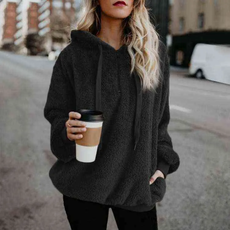 Winter Dames Sherpa Hoodies Oversized Fleece Hooded Pullover Losse Pluizige Jas Warm Streetwear Hoodies 211109