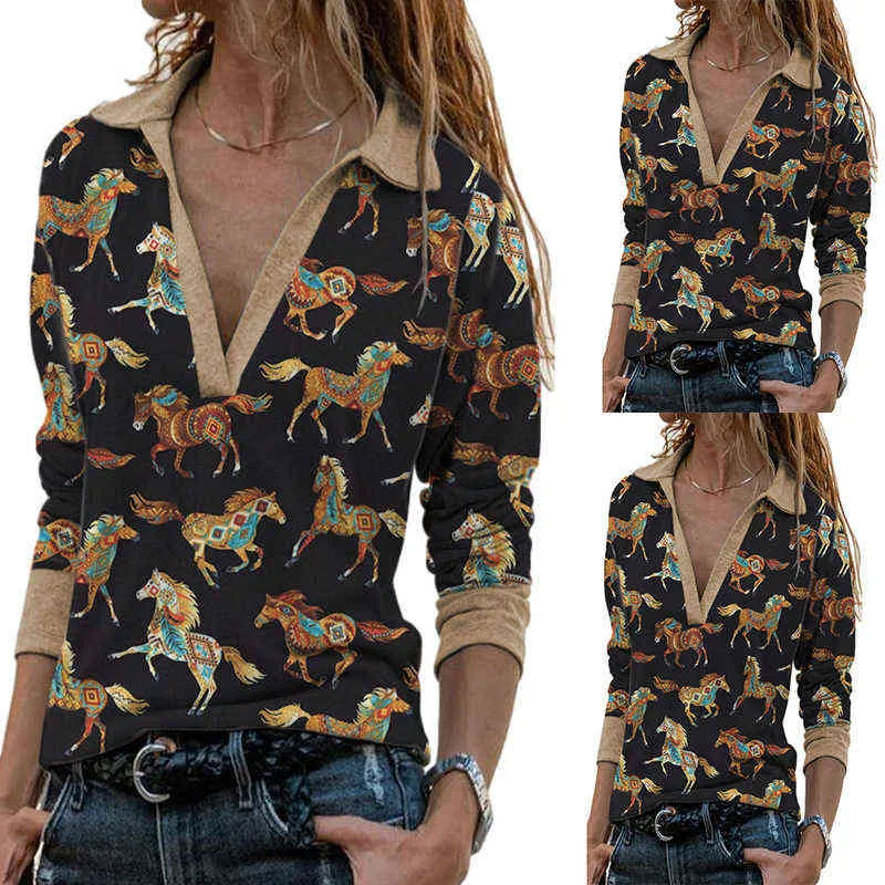 Lente Casual V-hals Horse Print Losse T-shirt voor Dames Turn-Down Collar Dier Mode Lange Mouwen Tops 220121