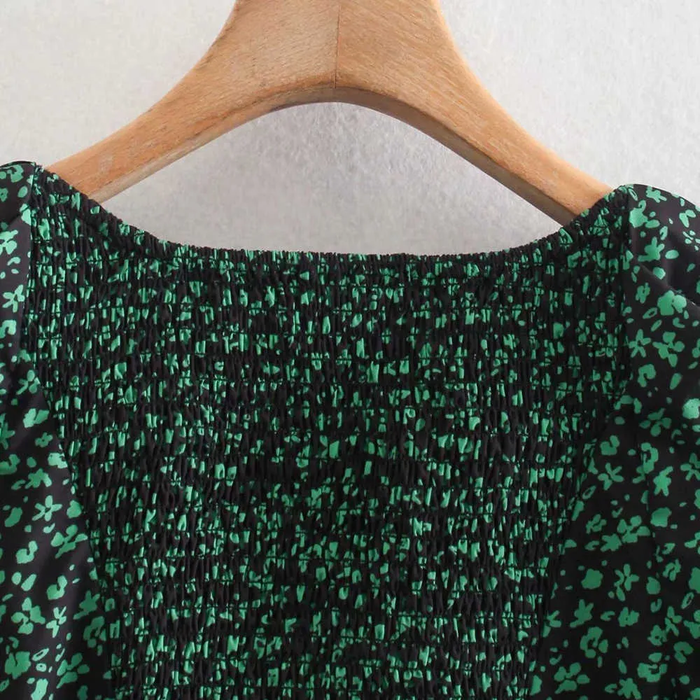 Kvinnor Chic Fashion Green Flowers Print Mini Dress Vintage Hjärtformad Krage Långärmad Kvinna Klänningar Vestidos 210531