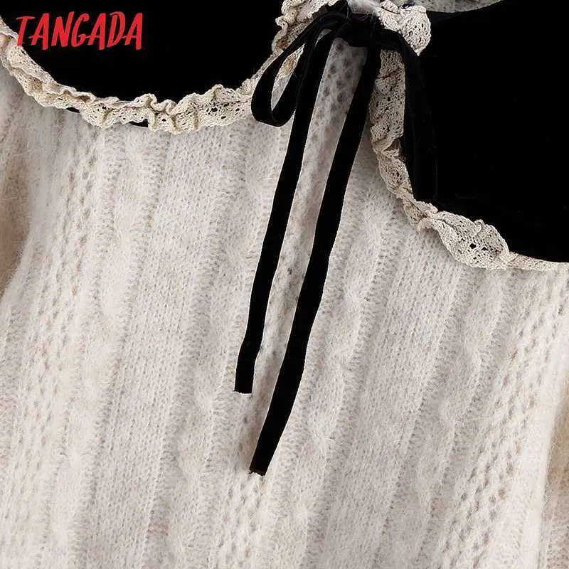 Tangada Mujeres Moda Peter Pan Collar Punto Suéter Jumper Femenino Vintage Jerseys Chic Tops BE721 210609