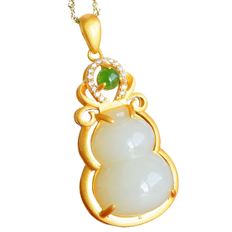 Naturale verde giada di Hetian zucca ciondolo collana in argento cinese intagliato fascino gioielli moda amuleto le donne regali fortunati4562101