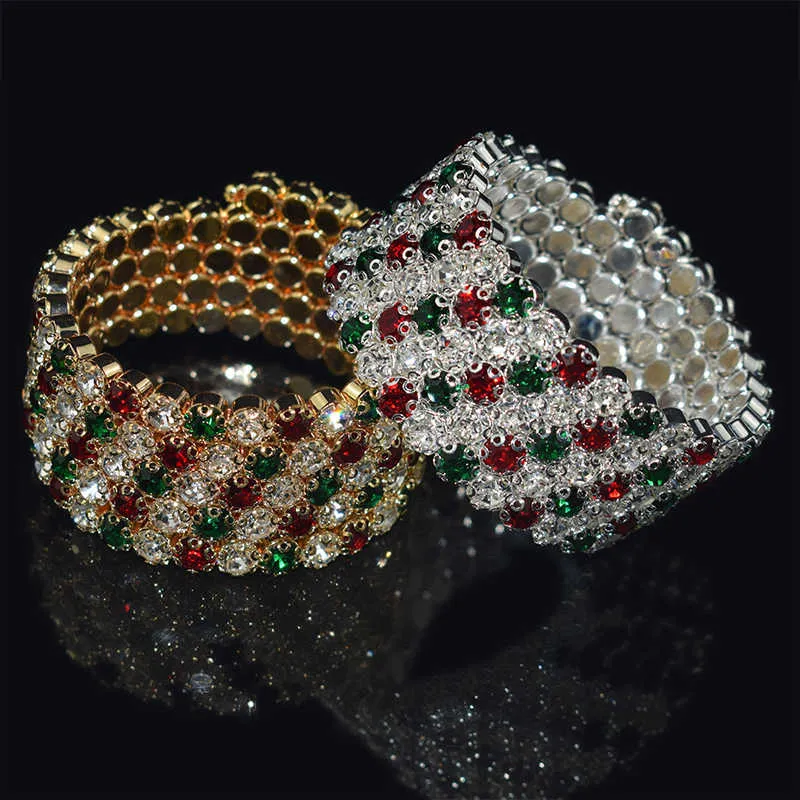 Högkvalitativ 3/5 Row Rhinestone Bangles För Kvinnor Röd Grön Vit Borra Armband Bangles Bröllop Bröllop Smycken Tjej Gåvor Q0719