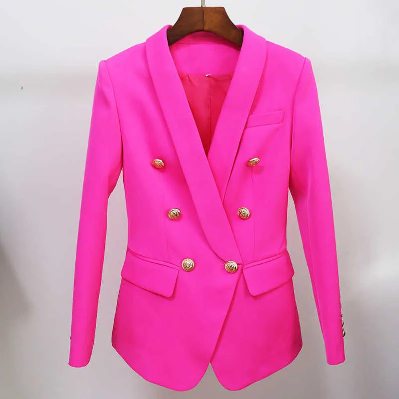 Wysokiej Jakości Projektant Klasyczna Kurtka Blazer Damska Slim Double Breasted Metal Lion Przyciski Szal Collar Pink 211006