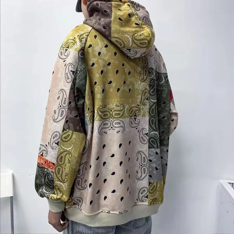 Sudaderas con capucha estampadas para hombre Harajuku Flor de anacardo Étnico Patchwork Streetwear Vibe Oversize Fleece Pareja Sudadera