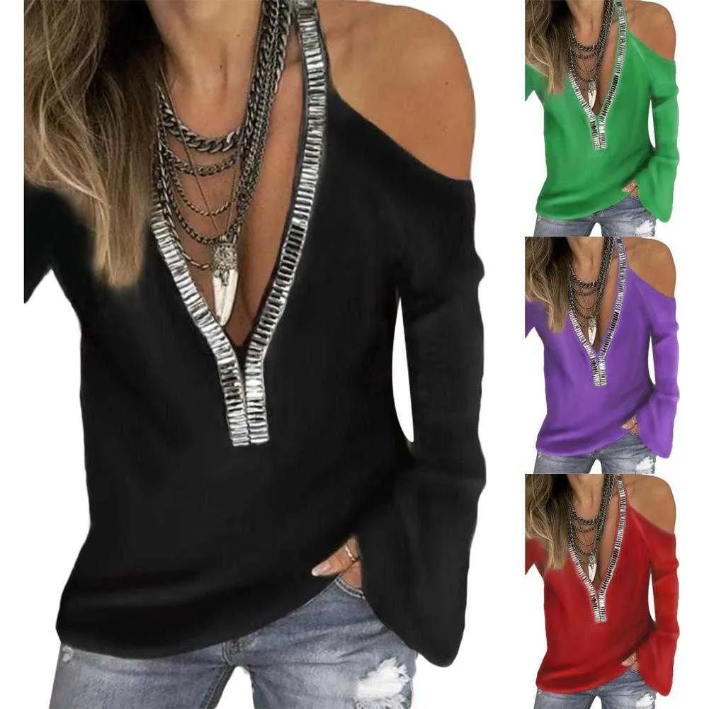 Kvinnors T-shirt Sexiga Sequins V Neck Cold Shoulder Långärmad T-shirt Kvinnor Solid Färg Top Plus Size Sequins 2021 x0527