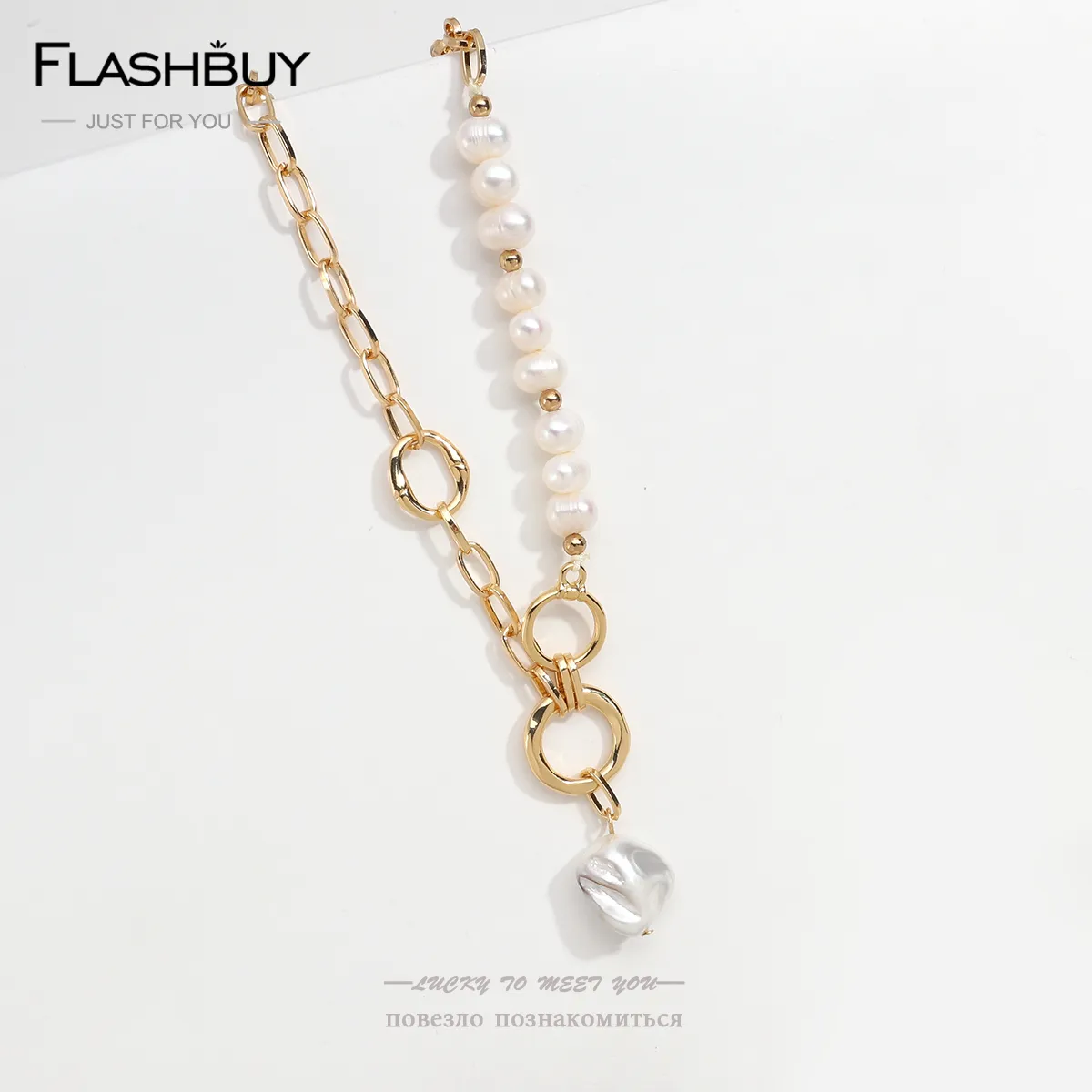 Flashbuy Irregular Natural Freshwater Pearl Pendant Necklaces for Women Chunky Chain Circles Baroque Pearl Necklace Elegant