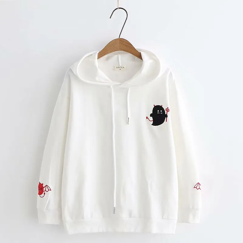 Harajuku Hoodies Fille Petit Diable Cornes Gothique Sweats À Capuche Femmes Automne Lolita Lâche Pulls Tops Noir Blanc 201028