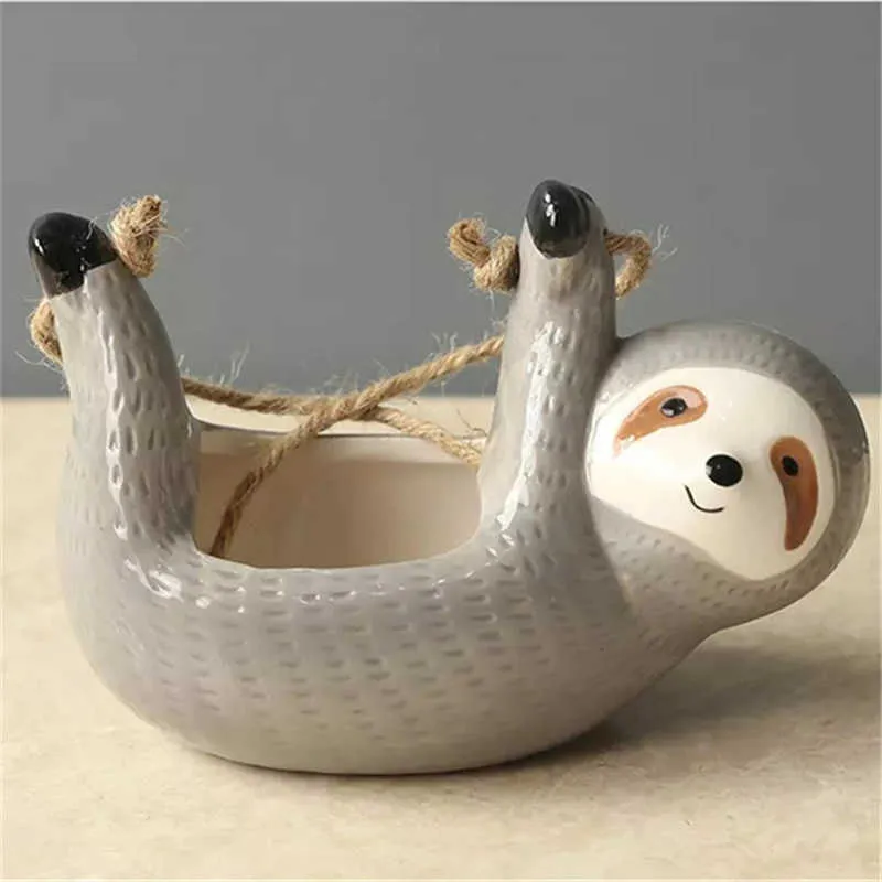 Vilead Ceramiczny Sloth Lazy Flower Wazon Figurki Wiszące Uchwyt Roślin Kreatywny Zwierząt Doniczka Duża Średnica Nordic Home Decor 210623