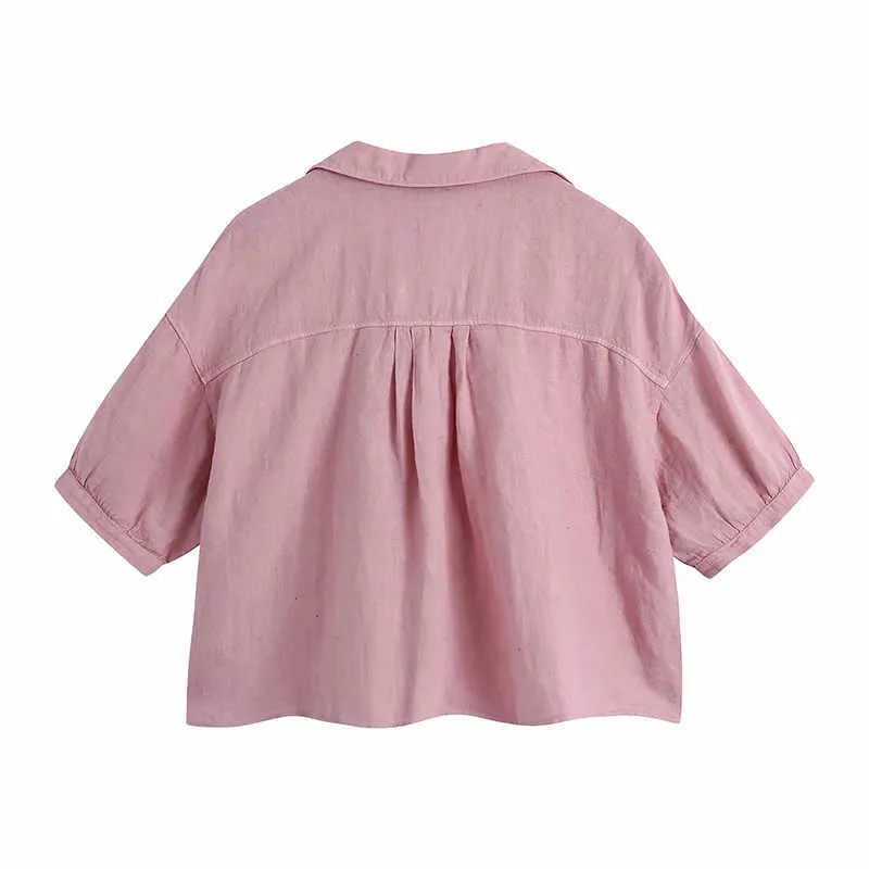 Aelegantmis Blouses à manches courtes en vrac Femmes Vintage Coton Lin Bouton Chemise Chemises confortables douces pour femmes 6 couleurs été 210607