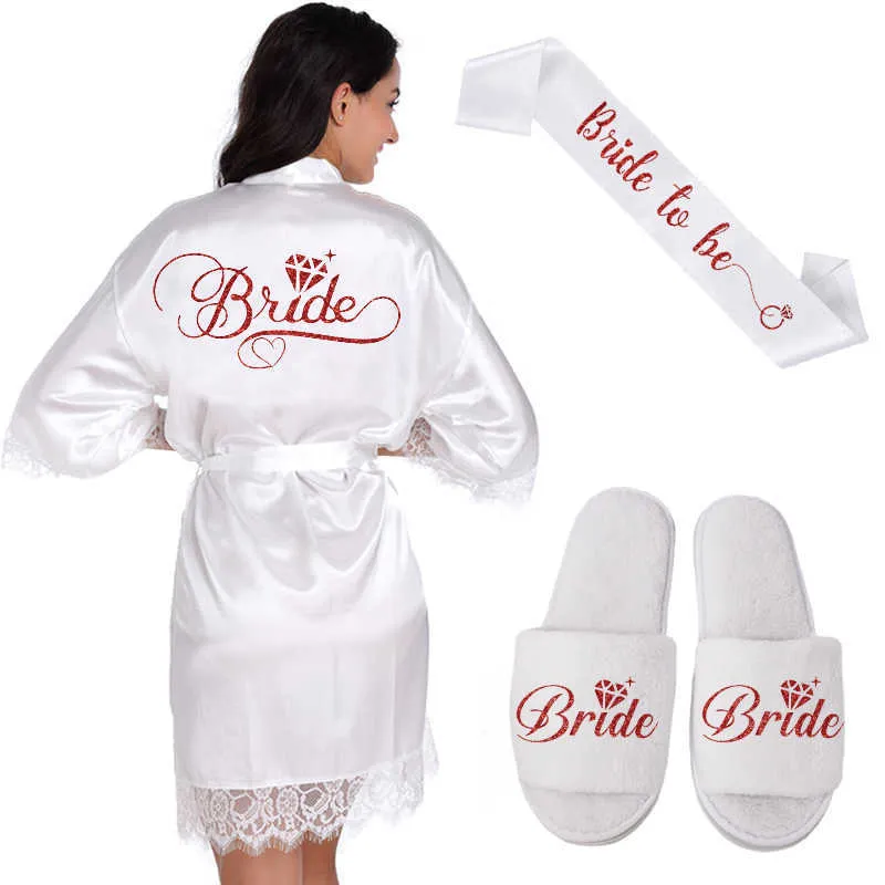 Bride Robe Lace Kimono Mulheres Casamento Smaid S Bachelorette Preparewear 210924