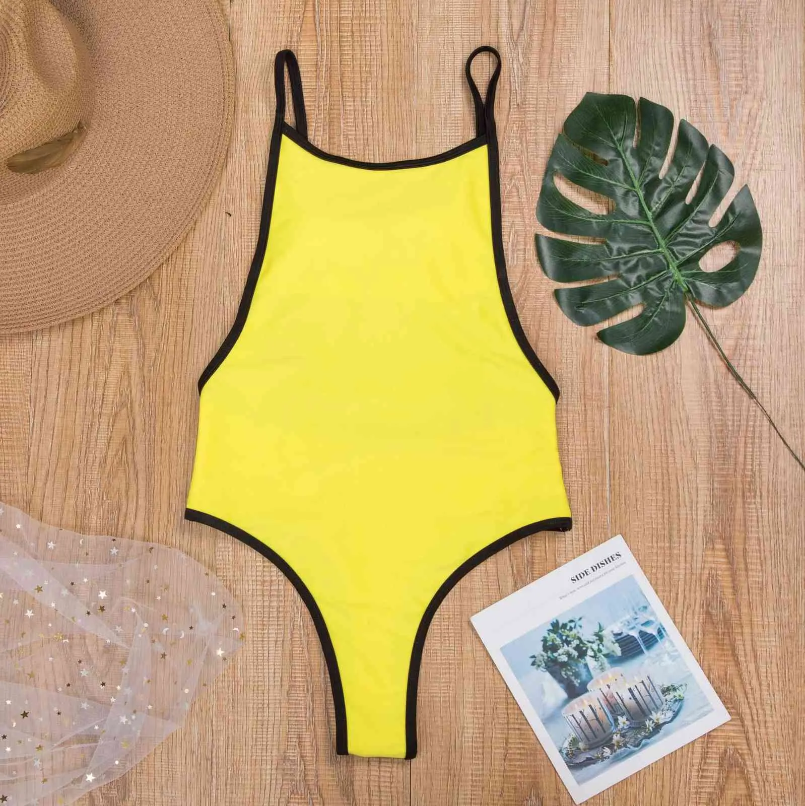 Spaghetti Strap Swimsuit Women Bikini Push Up Sexy Backless Pool Party Summer Yellow High Waist 210604