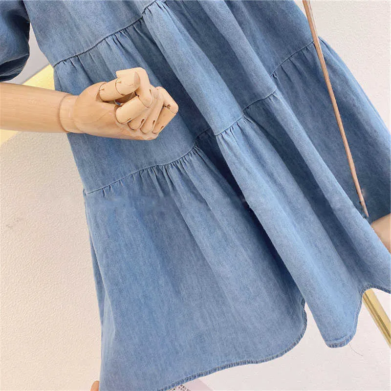 Sommarflickor klär One-Shoulder Puff Sleeve European och American Fashion Denim Baby Barn Barnkläder 210625