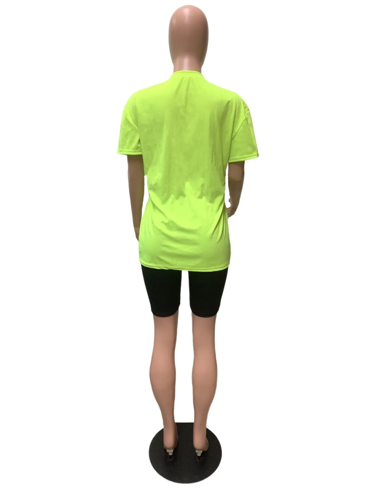 Neon Yeşil Mektup Baskılı Loungewear Kadınlar Için İki Parçalı Set Bayan Kıyafetler Yaz Gevşek Tişört Üst Biker Şort Eşofman 210525