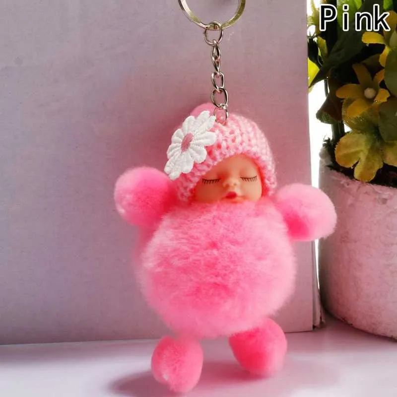 Pompon Dormir Bébé Porte-clés Mignon Moelleux En Peluche Poupée Porte-clés Femmes Fille Sacs Porte-clés Voitures Porte-clés Cadeau Charme Décoration G1019