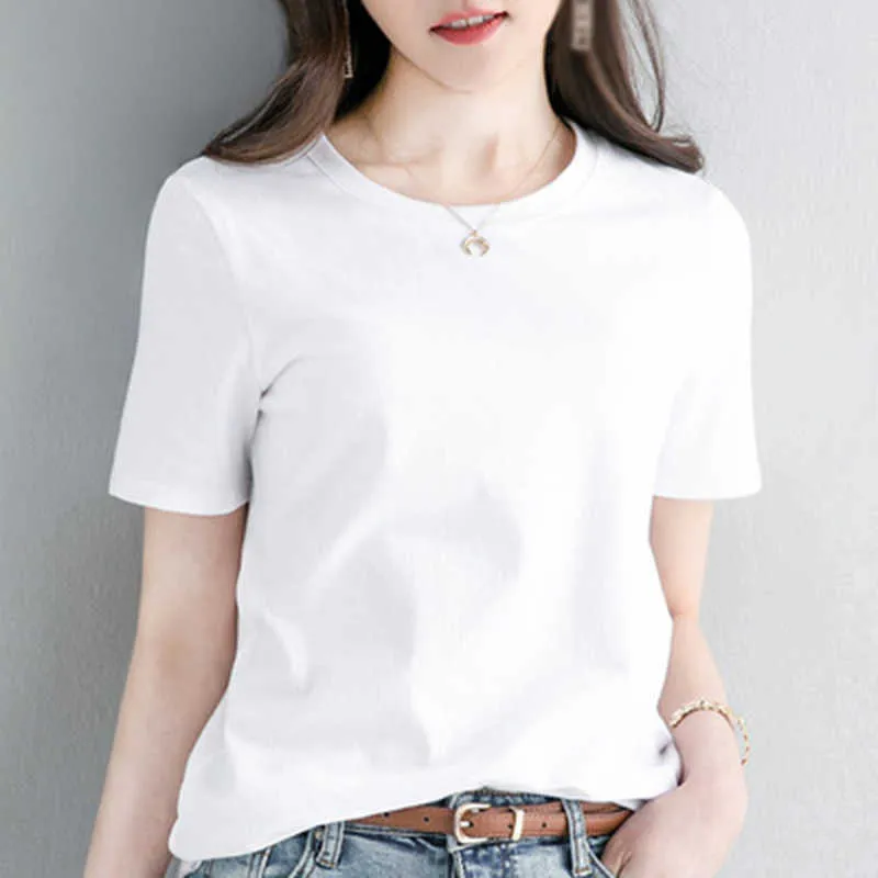T-shirt básica estilo coreano o-pescoço magro caber camiseta mulheres verão mangas curtas top para vestuário adulto jovem casual solto tee white 210604