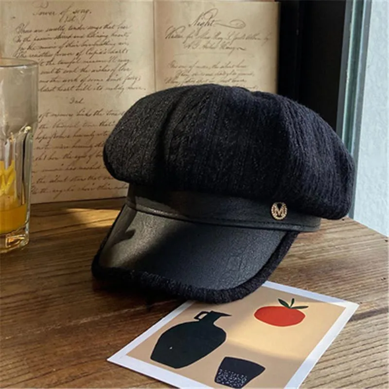 Chapeaux à bord avare en cuir PU tissu femmes réglable chapeau octogonal automne hiver casquette vintage pour jeune fille accessoires de mode Out232U