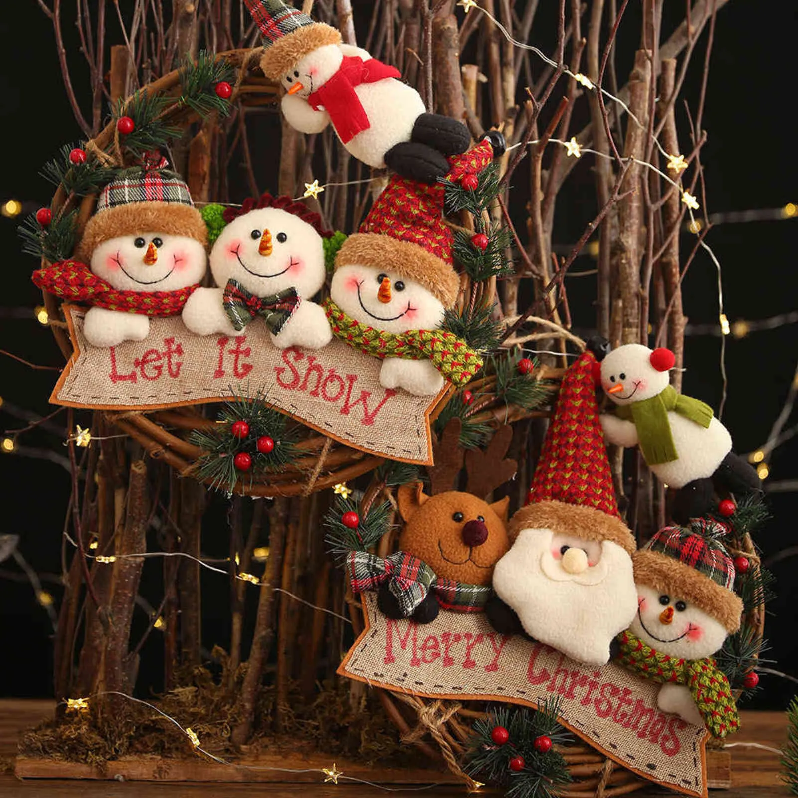 Kerstdecoratie voor thuis Kerst Rattan Outdoor Garland Decoratie Santa Sneeuwman Wijnstok Ring Hanger Venster Deur Navidad 211104