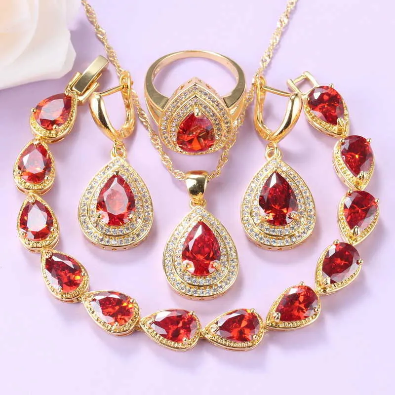 Dubaï Or Couleurs Rouge Ensembles de Bijoux AAA + Qualité Grenat Africain Perlé Collier Et Boucles D'oreilles Ensembles Pour Femmes Accessoires À La Mode H1022