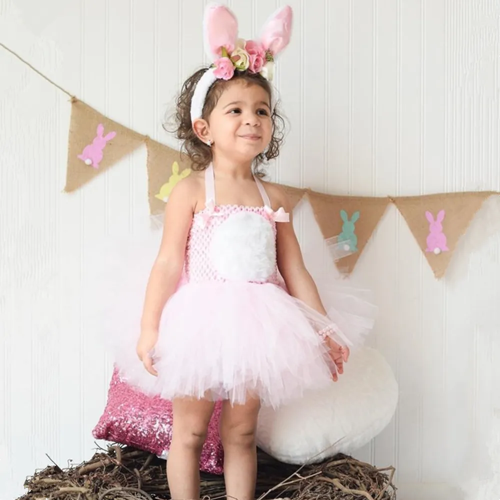 Pink Bunny Girl Costume Toddler Kids Rabbit Tutu Dress Trajes para niñas bebés Año Nuevo Vestidos de cumpleaños Ropa de vacaciones de Pascua 210303