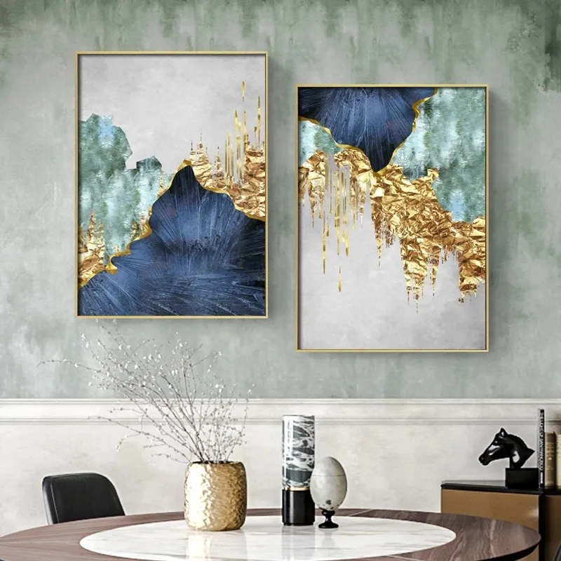 北欧ブルー金箔ラインキャンバスポスター印刷現代抽象壁アート絵画装飾画像リビングルーム家の装飾