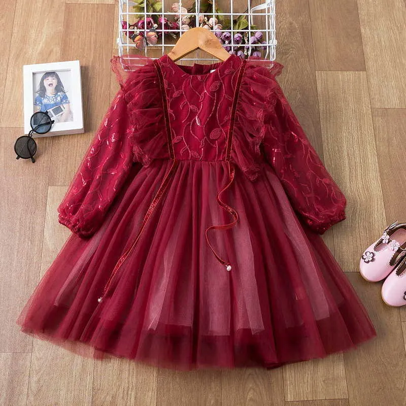 봄 여자 파티 드레스 레이스 긴 소매 솔리드 컬러 소녀 케이크 결혼식을위한 드레스 아이들의 옷 E2181 210610