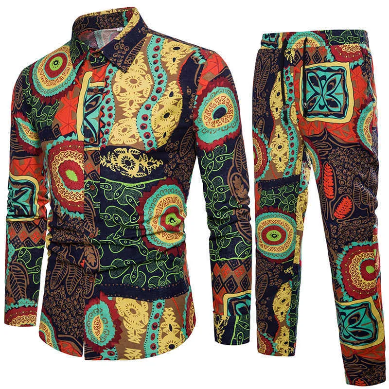 2020 New Mens Vacation Set Tracksuit Long Pant Ethnic Style Patchwork Male Suit Festival Wear Slim Fit Floral Print Shirt X0909