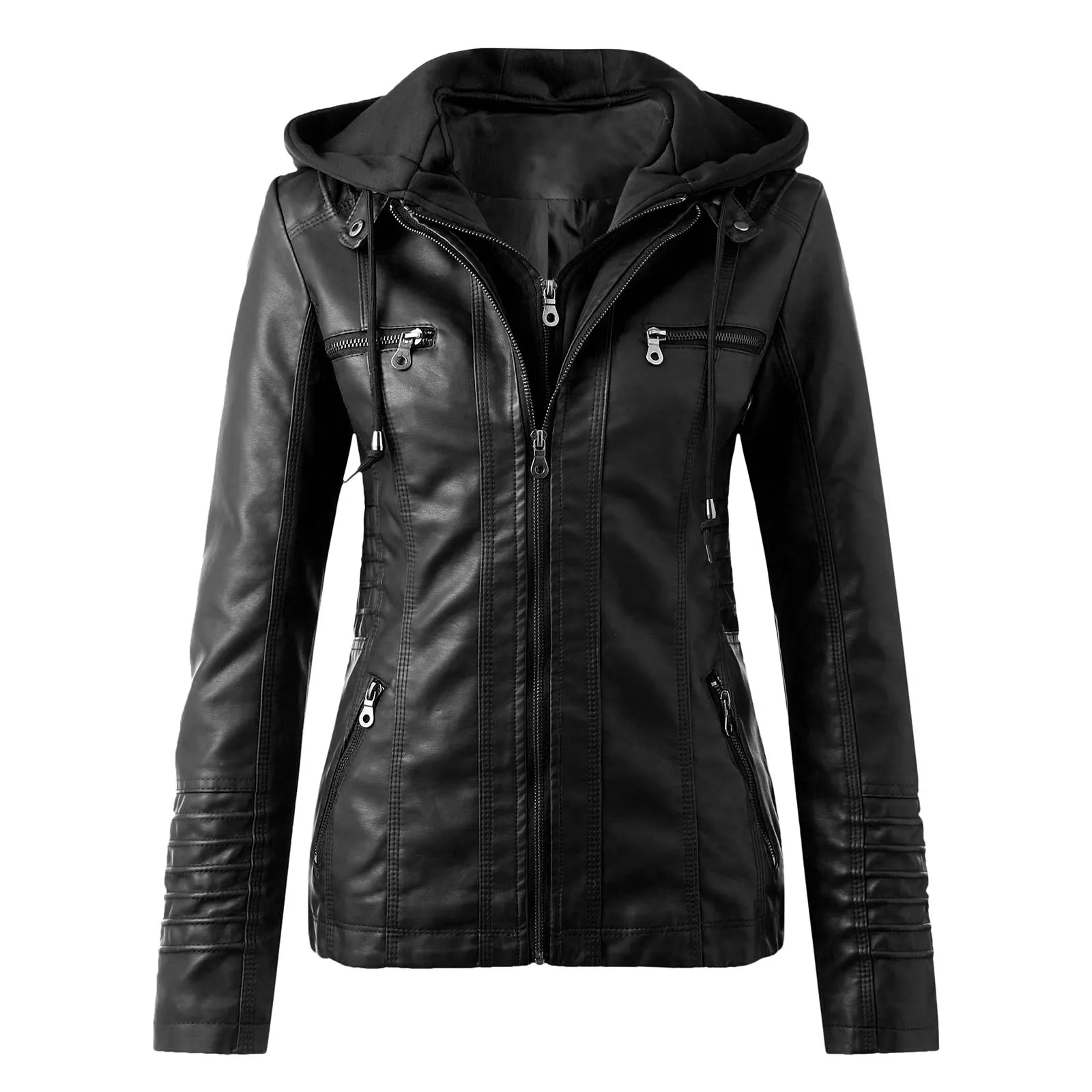 Kvinnor Autumn Winter Slim Faux Soft Leather Jackets rockar Lady Black Pu Zipper Epaule Motorcykel Streetwear Female #T1G