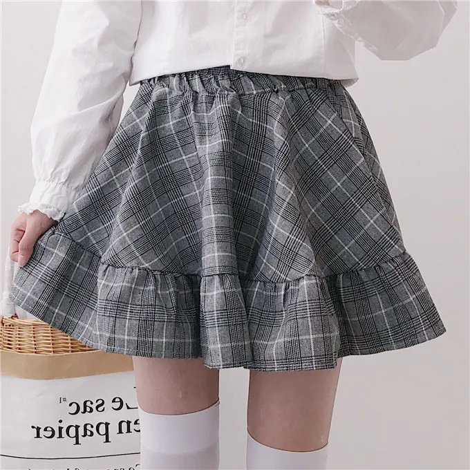 Minifalda con volantes a cuadros para primavera, minifalda holgada japonesa gris y rosa a la moda para chicas Aline, falda de estilo universitario Lolita Jk para mujer 210306