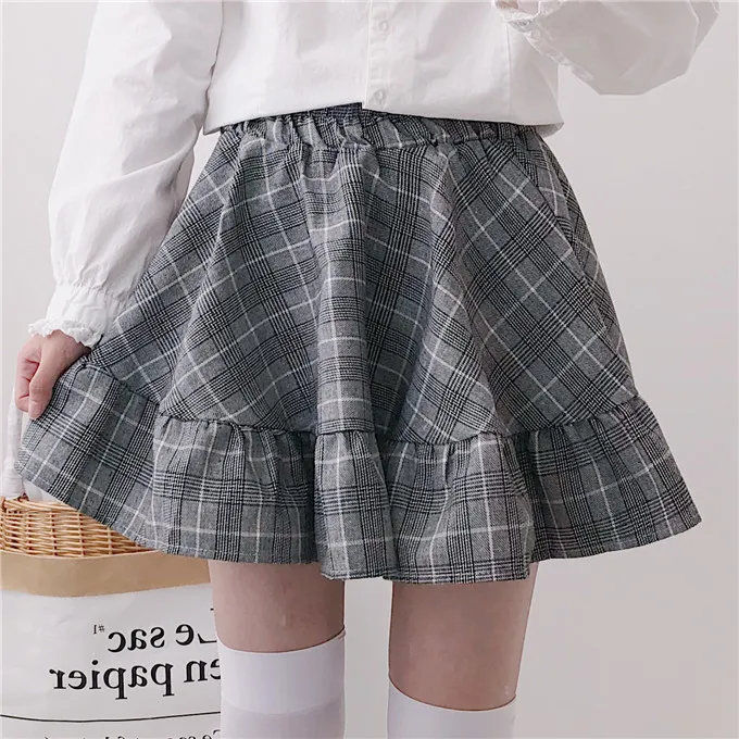 Primavera dolce plaid volant mini gonna grigio rosa giapponese allentato moda Aline ragazze gonna donna Lolita Jk gonna stile college 210306