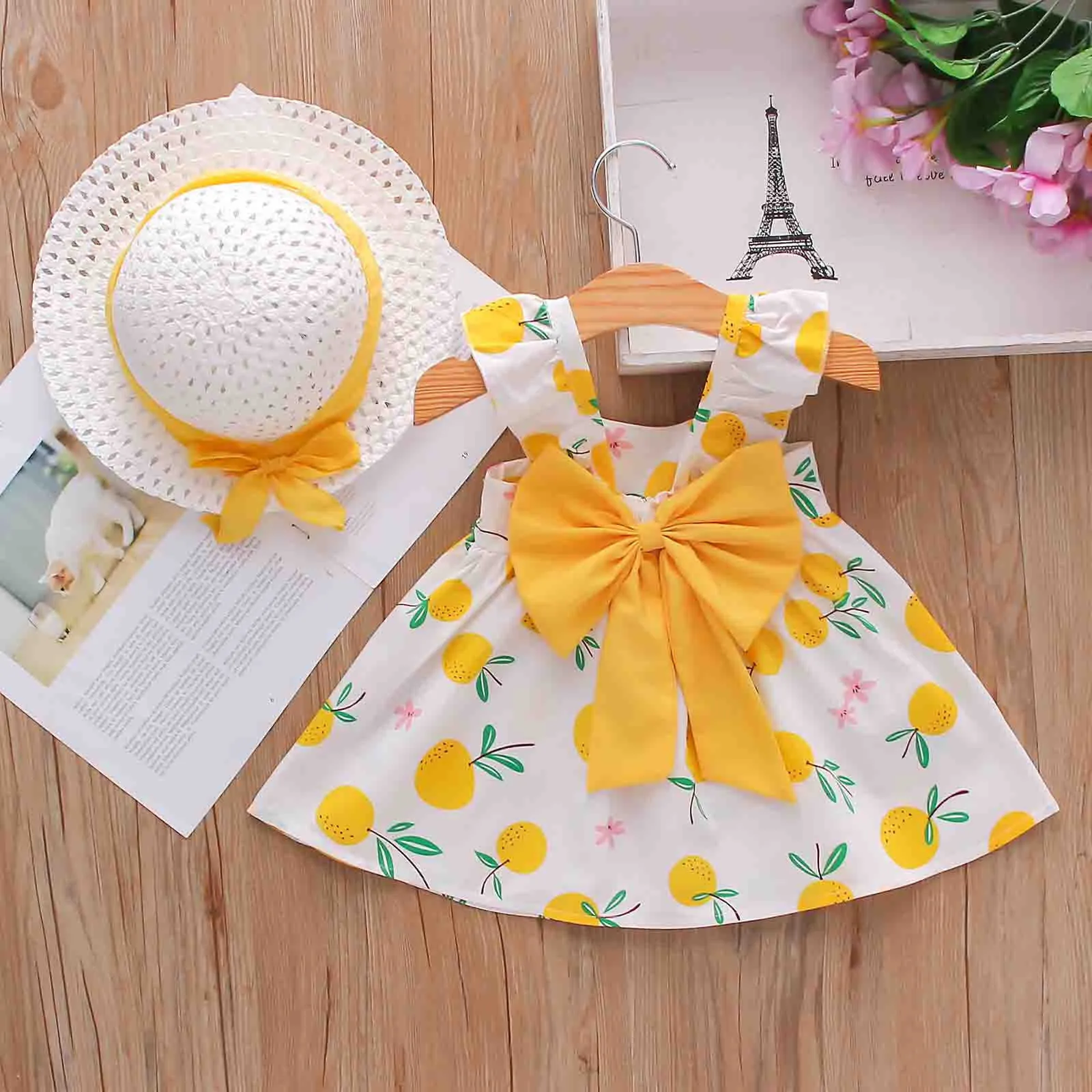 Bowknot Summer Dress Set Mignon Enfant Bébé Enfants Filles Bretelles Citron Imprimer Princesse Robe Chapeau Tenues Bébé Fille Robe # 50 Q0716