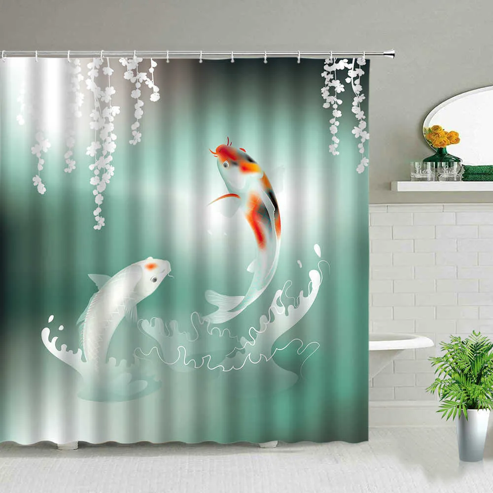 Chinese Style Koi Fish Print Shower Curtain Bathroom Screen Waterproof Fabric Background Wall Decor Cloth Hanging Curtains Gifts 210915