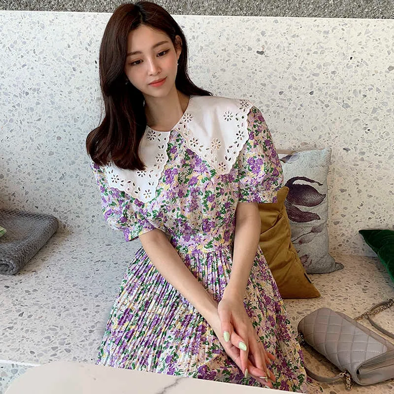 Korejpaa Kobiety Dress Summer Koreański Chic Redukcja wieku Sweet Hollow Doll Collar Lace-Up Floral Puff Sleeve Plised Vestidos 210526