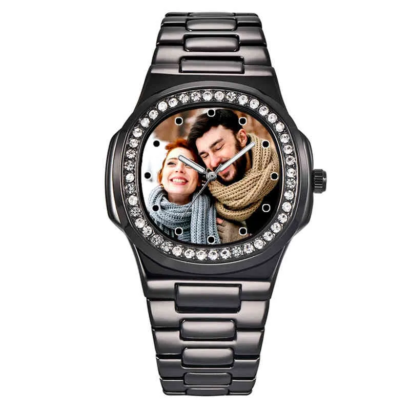 Mannen Gouden Kleur Rhinestone Custom Gezicht met Po Design Picture Horloges Gepersonaliseerde Horloge DIY Gift voor Mannen