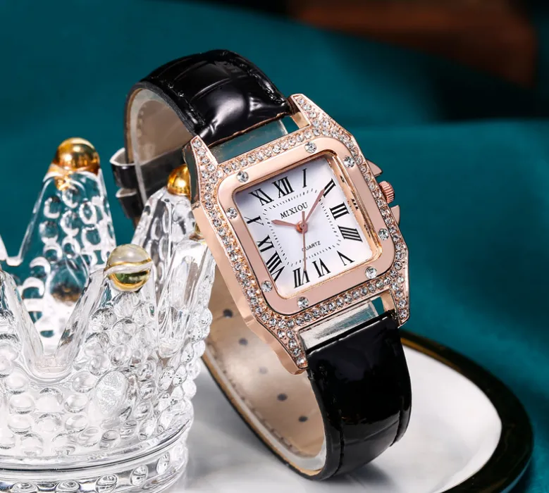 Mixiou 2021 Crystal Diamond Square Womens Watch Watch Colorful Leather Strap Fashion Quartz Ladies Wrist Watches Direct S283F