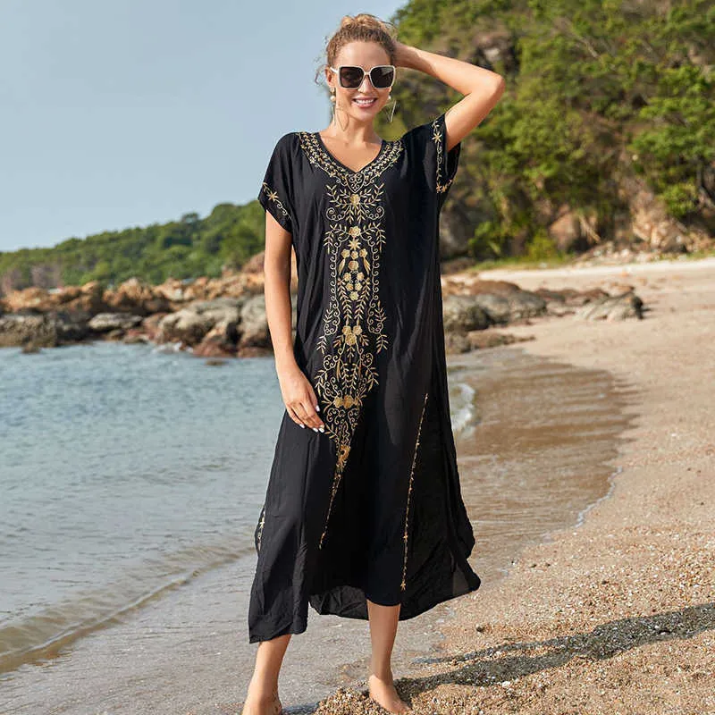 Black Algodão Bordado Maxi Beach Dress Cover Ups Robe de Plage Swimsuit Capa Boémia Longo Biquini 210629