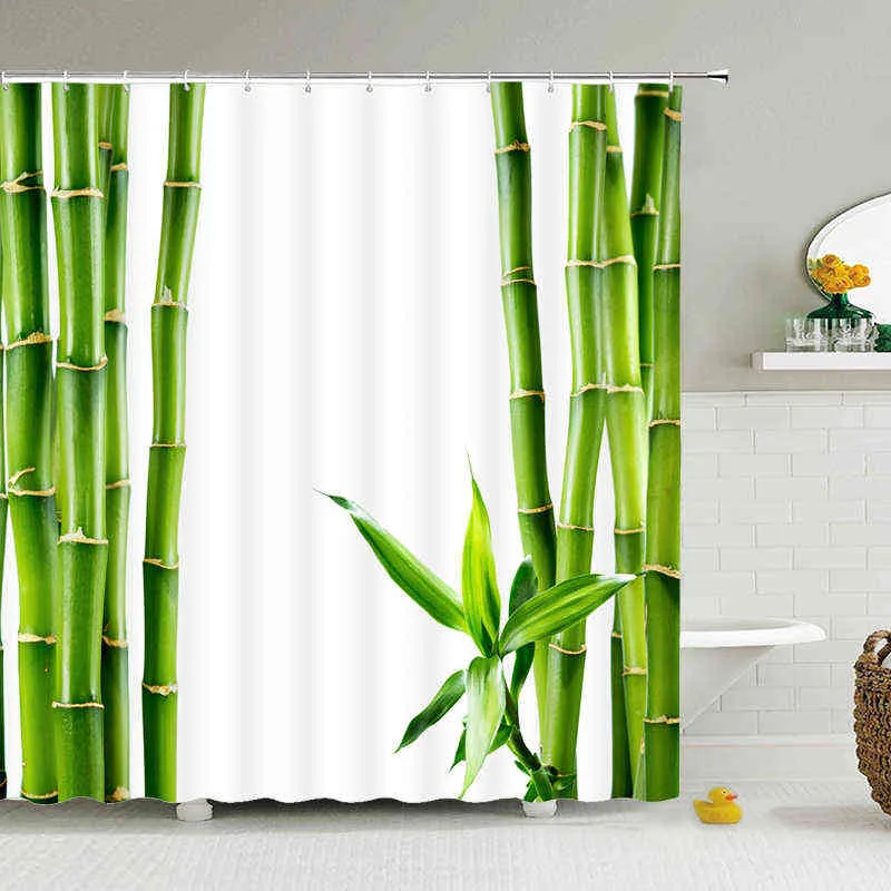 Groene Plant Bladeren Douche Gordijnen Bad Gordijn Badkamer 3D Gedrukt Verse Waterdichte Polyester Doek met Haken Home Decor Mat 211116