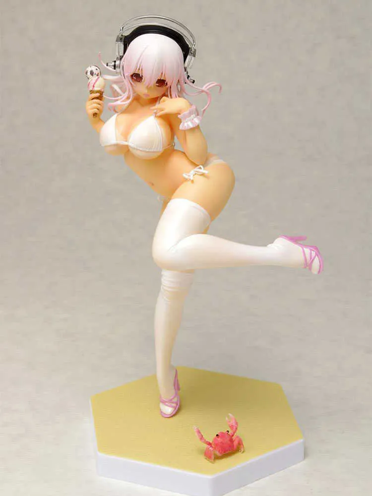 Japan Sexy Girl Figur Super Sonic 16 cm weißer Badeanzug Wave Super Sonico Spezielle PVC Action Figure Sammlung Modell Puppe Geschenk Q0722
