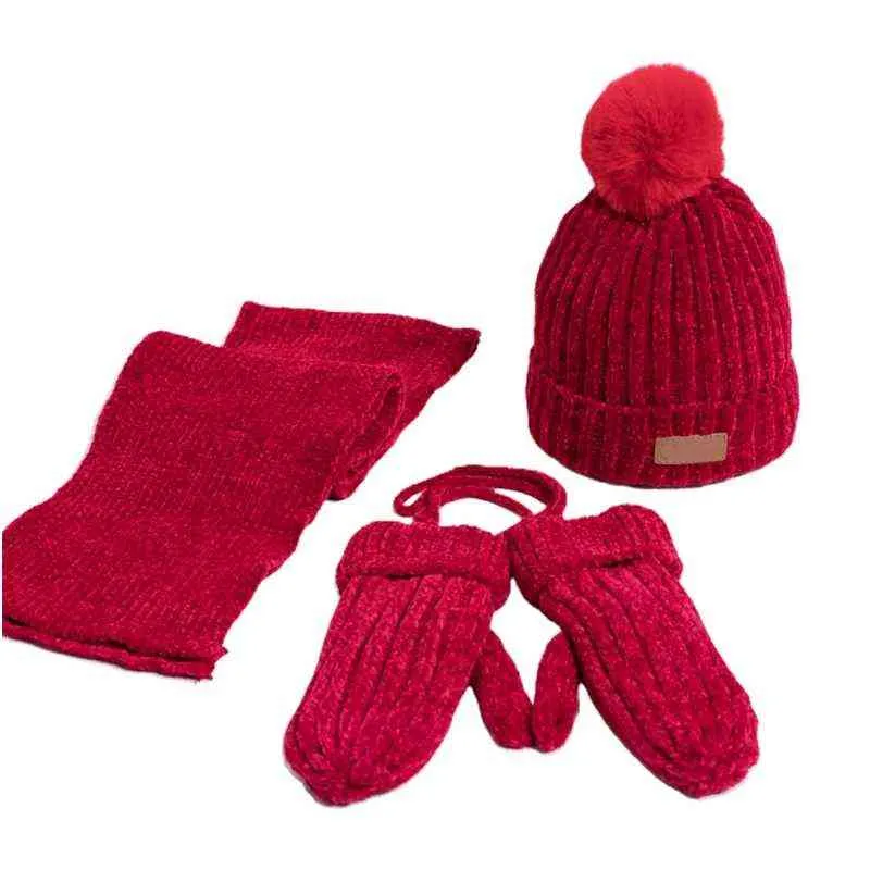 Enfants 3 pièces hiver chaud bonnet chapeau longue écharpe gants ensemble Chenille velours tricot peluche doublé couleur unie pompon crâne casquette