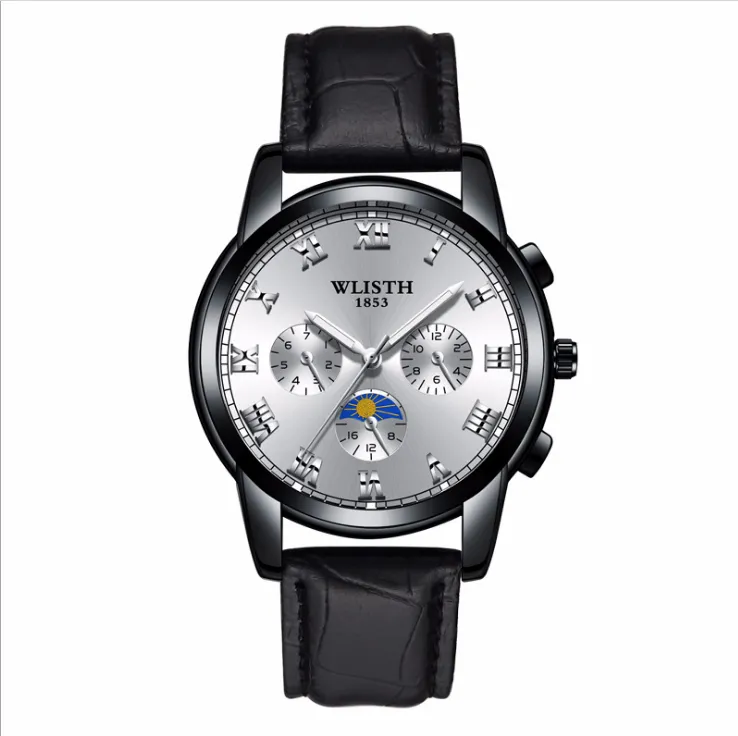 Wlisth relógio masculino de quartzo com submostradores não funcionais, mostrador luminoso, pulseira de aço inoxidável à prova d'água, relógios de pulso 2374
