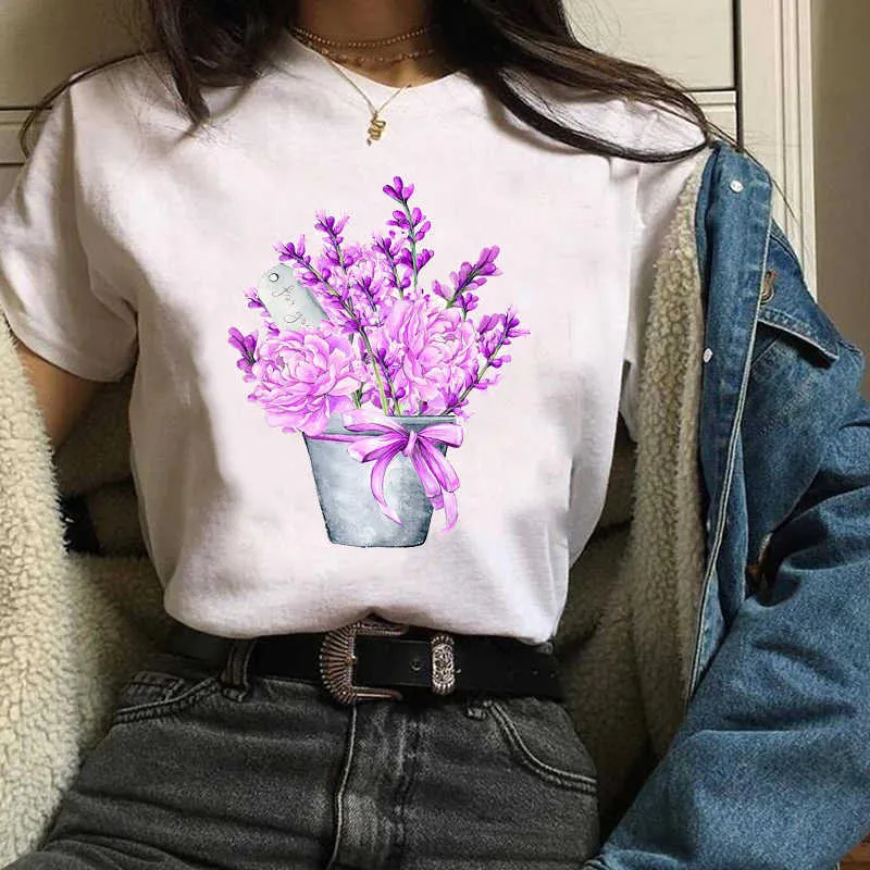 Kvinnor Tees Skriv ut Grafisk Växt Elegant Ladies Estetiska Blomblomma Kläder Lam Toppar Kläder Kvinna T-tröja Dam T-shirt x0527