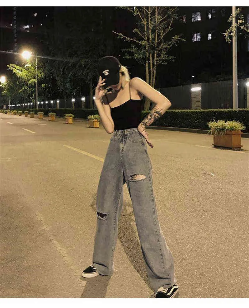 vintage a vita alta strappato nappa lunghezza intera mamma jeans donna taglie forti harajuku gamba larga pantaloni pantaloni streetwear denim 211129