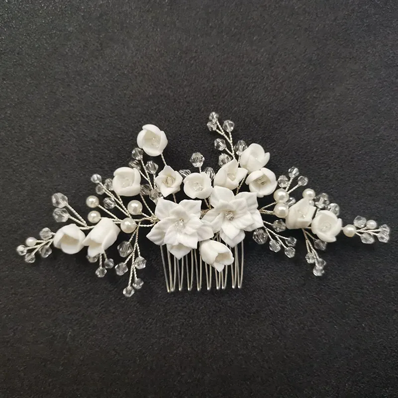 SLBRIDAL fait à la main cristal strass simulé perles en céramique fleur mariée mariage peigne épingles à cheveux autocollants femmes bijoux