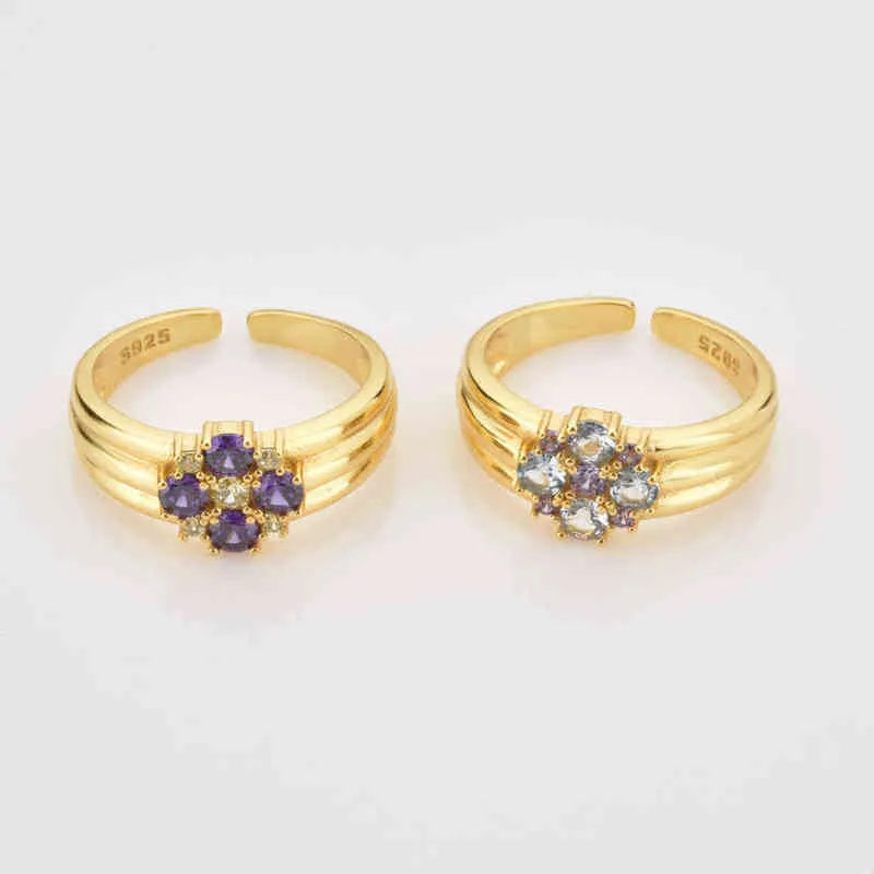 Andywen 925 Sterling Silver Gold FlowerZircon Purple Blue Lighter Ring Resizable Women Fine Jewelry Wedding Gift 2202092764474